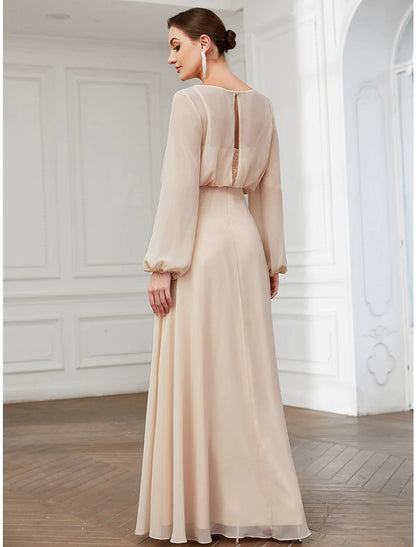 A-Line Prom Dresses Wedding Guest Floor Length Long Sleeve Chiffon with Buttons