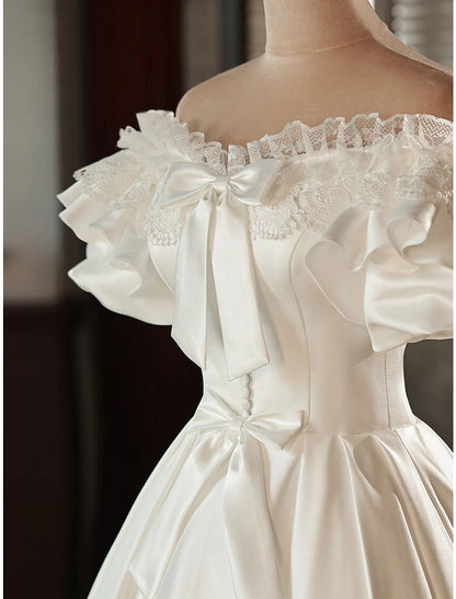 Vintage Little White Dresses A-Line Short Sleeve Off Shoulder Satin With Bow