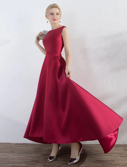 A-Line Evening Gown Elegant Minimalist Dress Party Wear Wedding Guest Asymmetrical Sleeveless Satin with Sleek