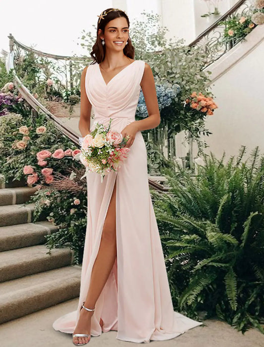 A-Line Bridesmaid Dress V Neck Sleeveless Elegant Floor Length Chiffon with Split Front Ruching