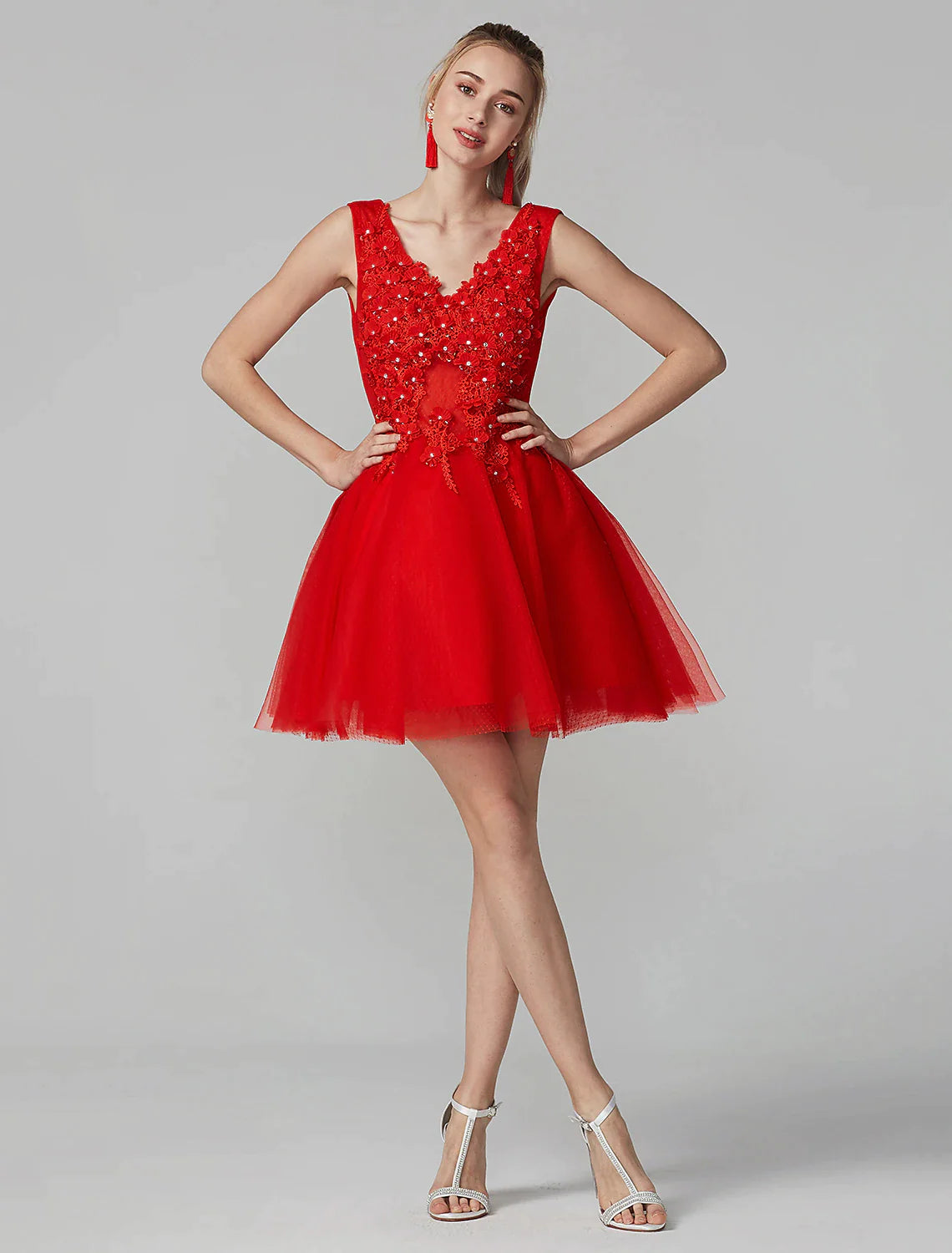 A-Line Party Dress Homecoming Graduation Short / Mini Sleeveless V Neck Lace Over Tulle with Crystals Appliques