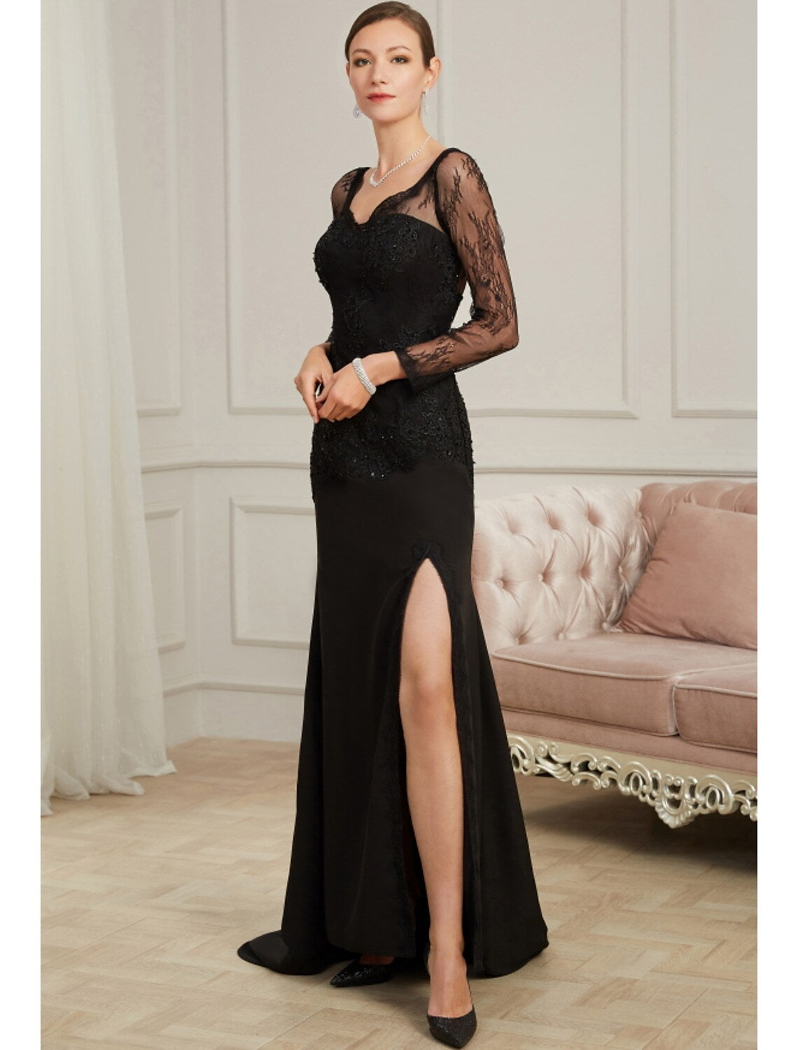 Evening Gown Sexy Dress Party Long Sleeve V Neck Chiffon  Beading Slit Appliques
