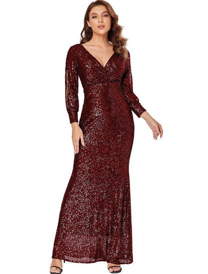 Sparkle Prom Formal Evening Dress V Neck Long Sleeve Floor Length Polyester with Cross Sequin