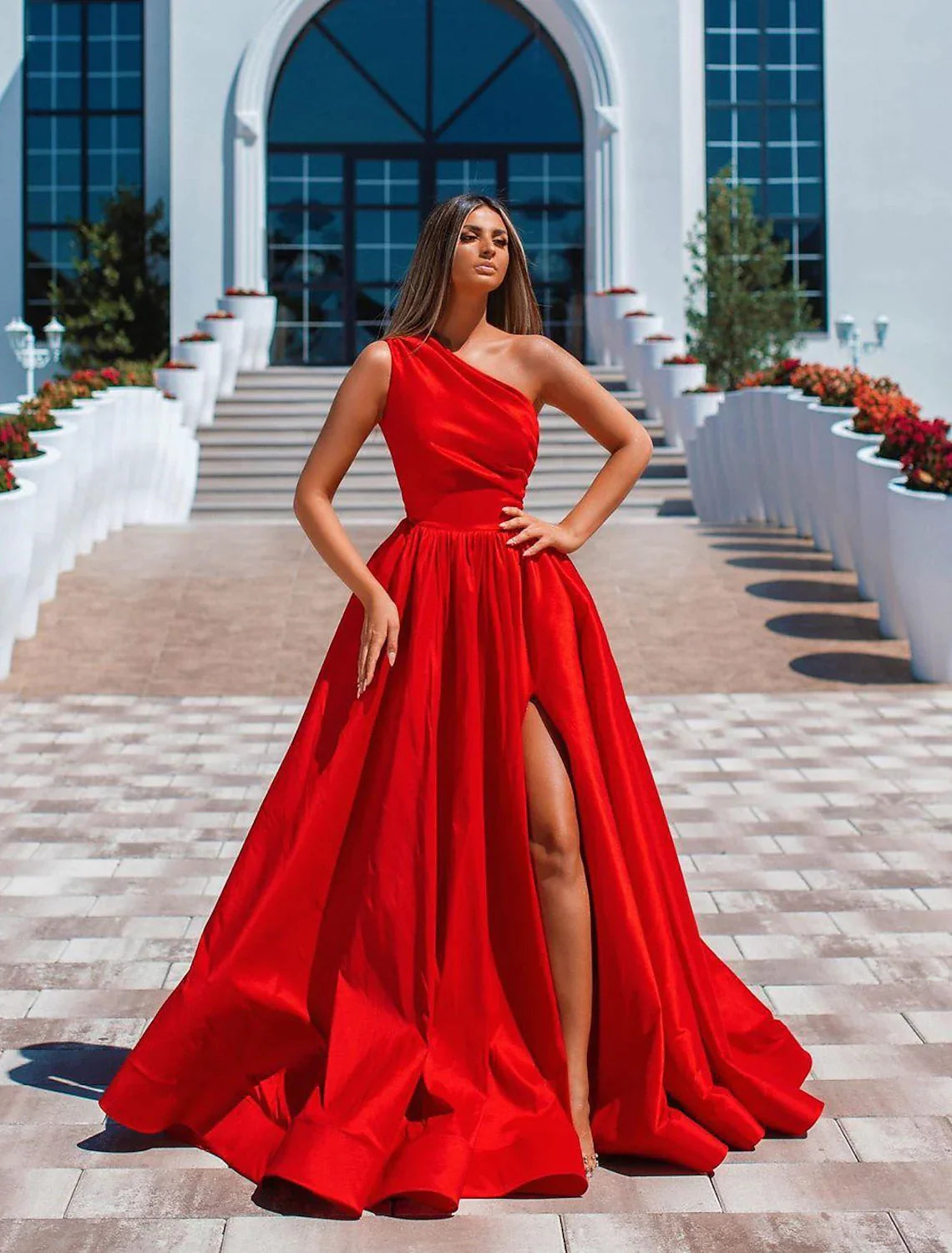 A-Line Sexy High Split Prom Formal Evening Dress One Shoulder Sleeveless Floor Length Charmeuse with Ruched Slit
