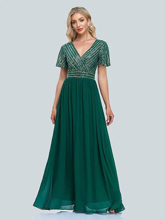 A-Line  Evening Gown Elegant Dress Floor Length Short Sleeve V Neck Sequined with