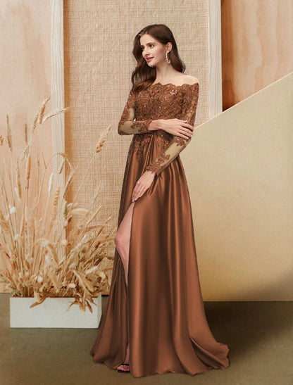 A-Line Evening Gown Glittering Dress Engagement Floor Length Long Sleeve Off Shoulder Satin Sequin Lace