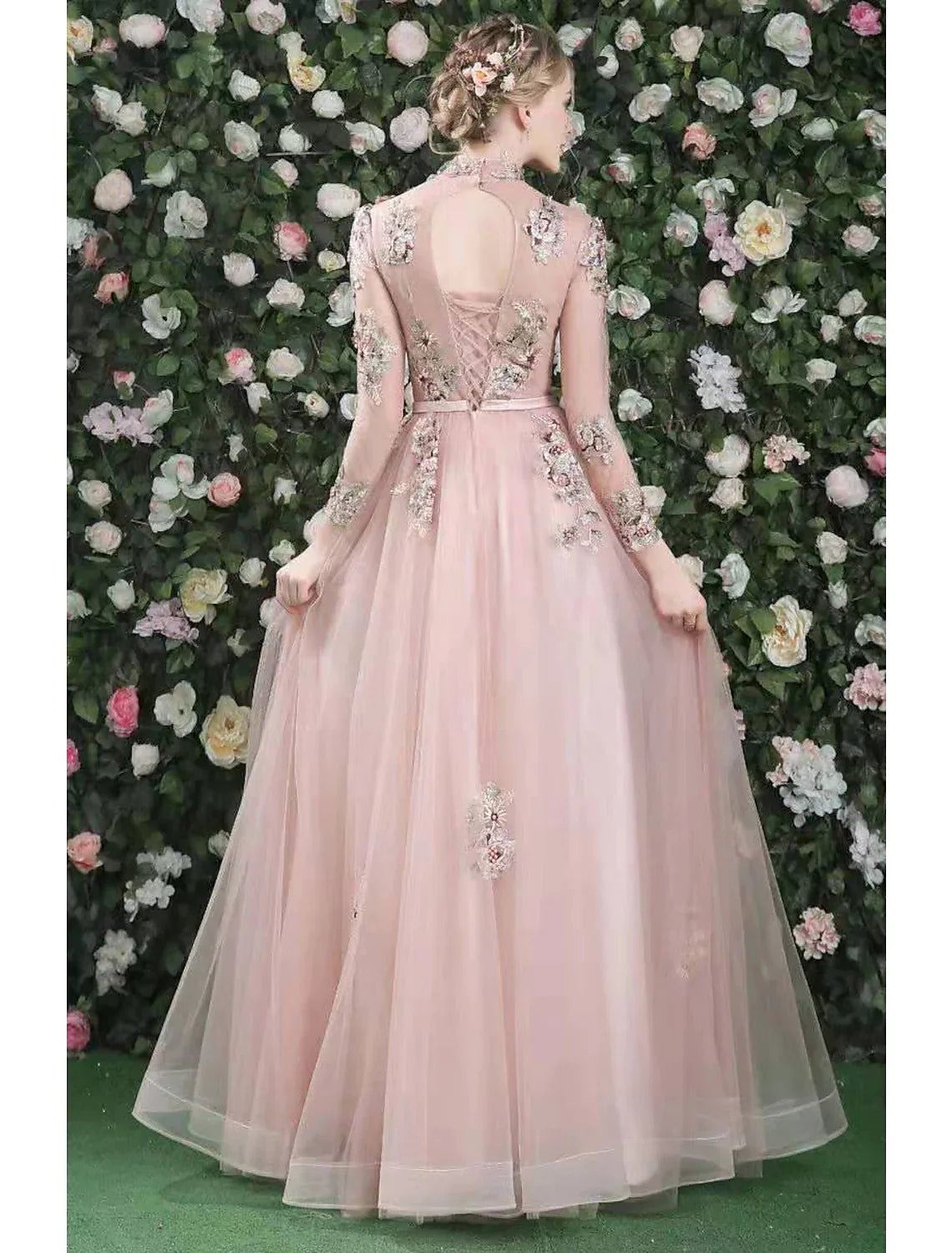 A-Line Cut Out Floral Prom Formal Evening Dress High Neck Long Sleeve Floor Length with Embroidery