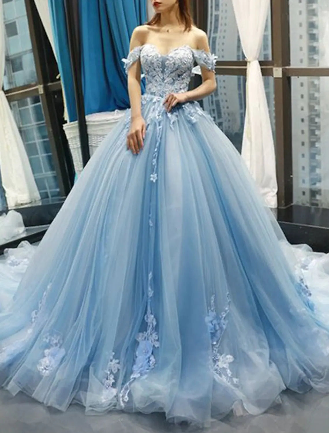 Ball Gown Prom Dresses Floral Dress Quinceanera Court Train Short Sleeve Sweetheart Lace with Pleats Appliques