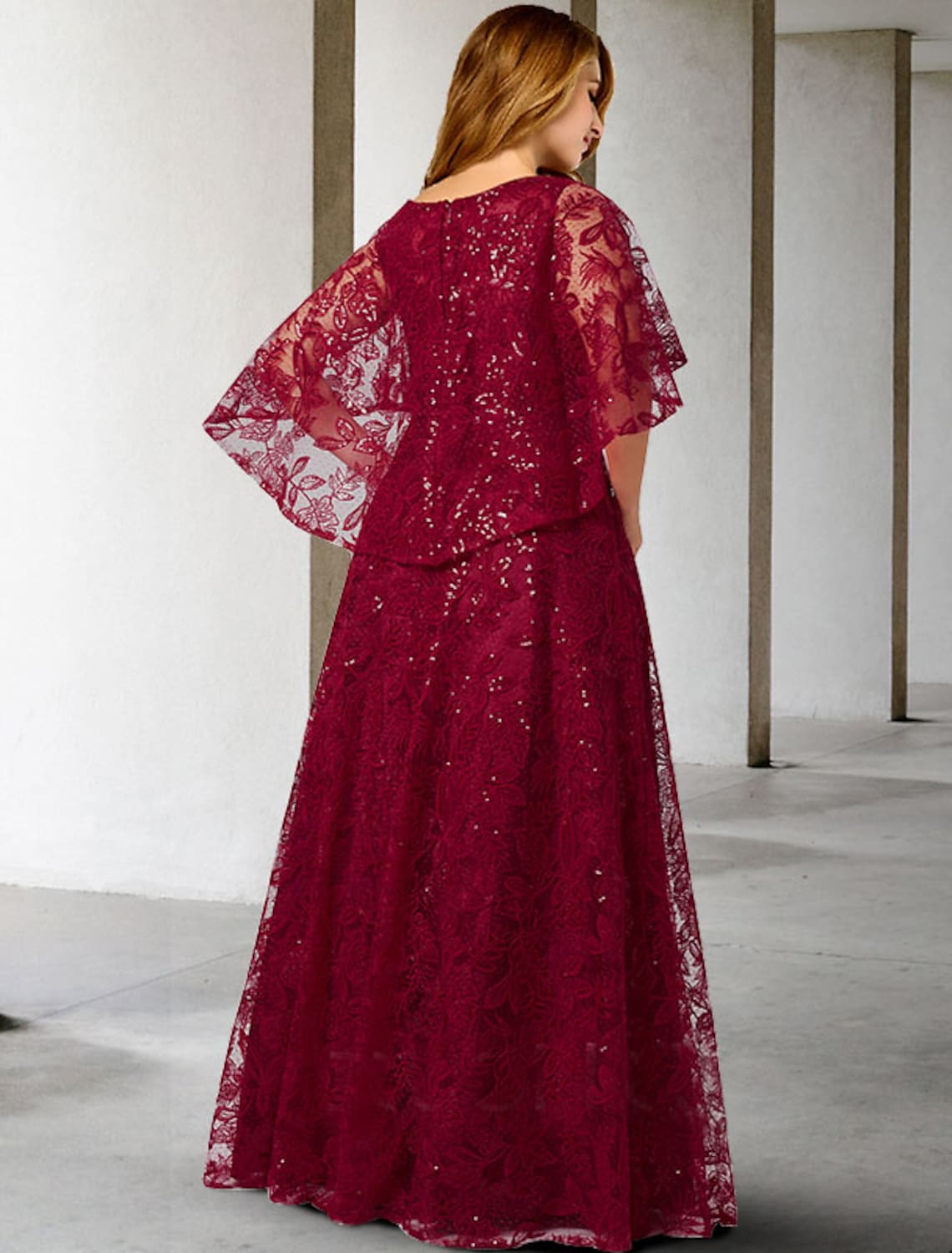A-Line Mother of the Bride Dress Plus Size Elegant  Floor Length Lace Half Sleeve No with Sequin Appliques