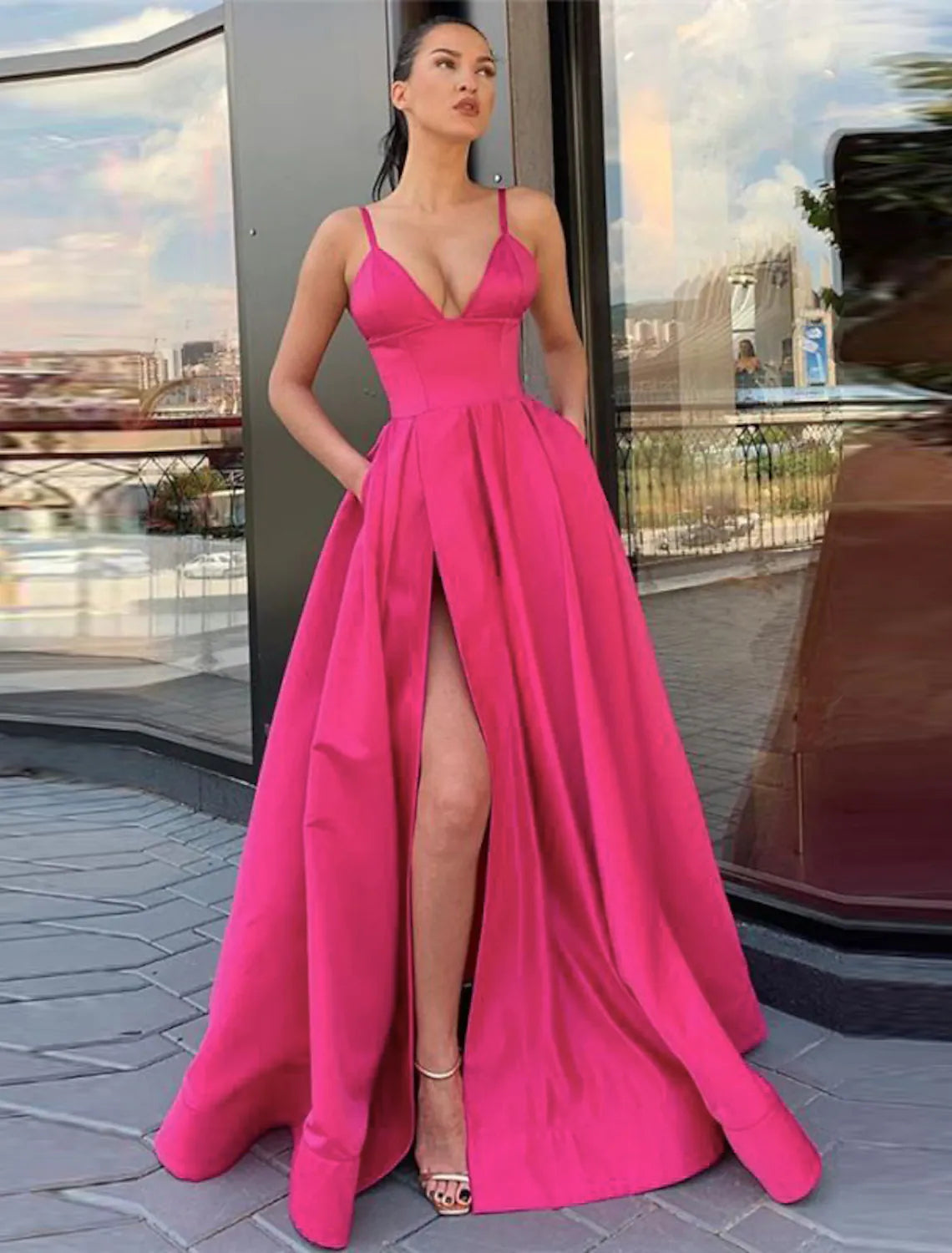 A-Line Prom Dress High Split Evening Dress Formal Birthday Sleeveless with Pleats Split Front
