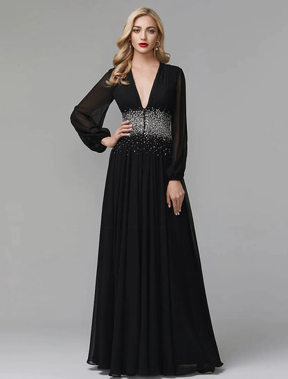 A-Line Evening Dress Celebrity Red Carpet Formal Gown Black Wedding Guest Floor Length Long Sleeve V Neck Chiffon with Sequin
