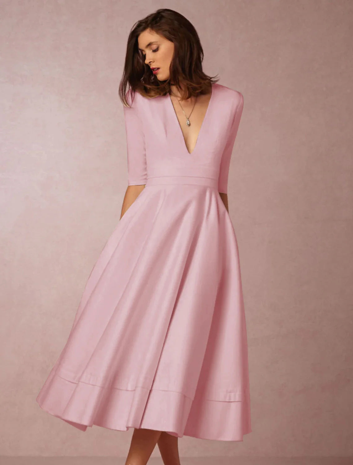 A-Line Special Occasion Dresses Party Dress Holiday Tea Length Half Sleeve V Neck Pocket Jersey with Pleats