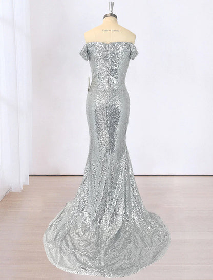 Mermaid / Trumpet Evening Gown Sparkle & Shine Dress Cocktail Party Floor Length Short Sleeve Off Shoulder Sequined with Ruched