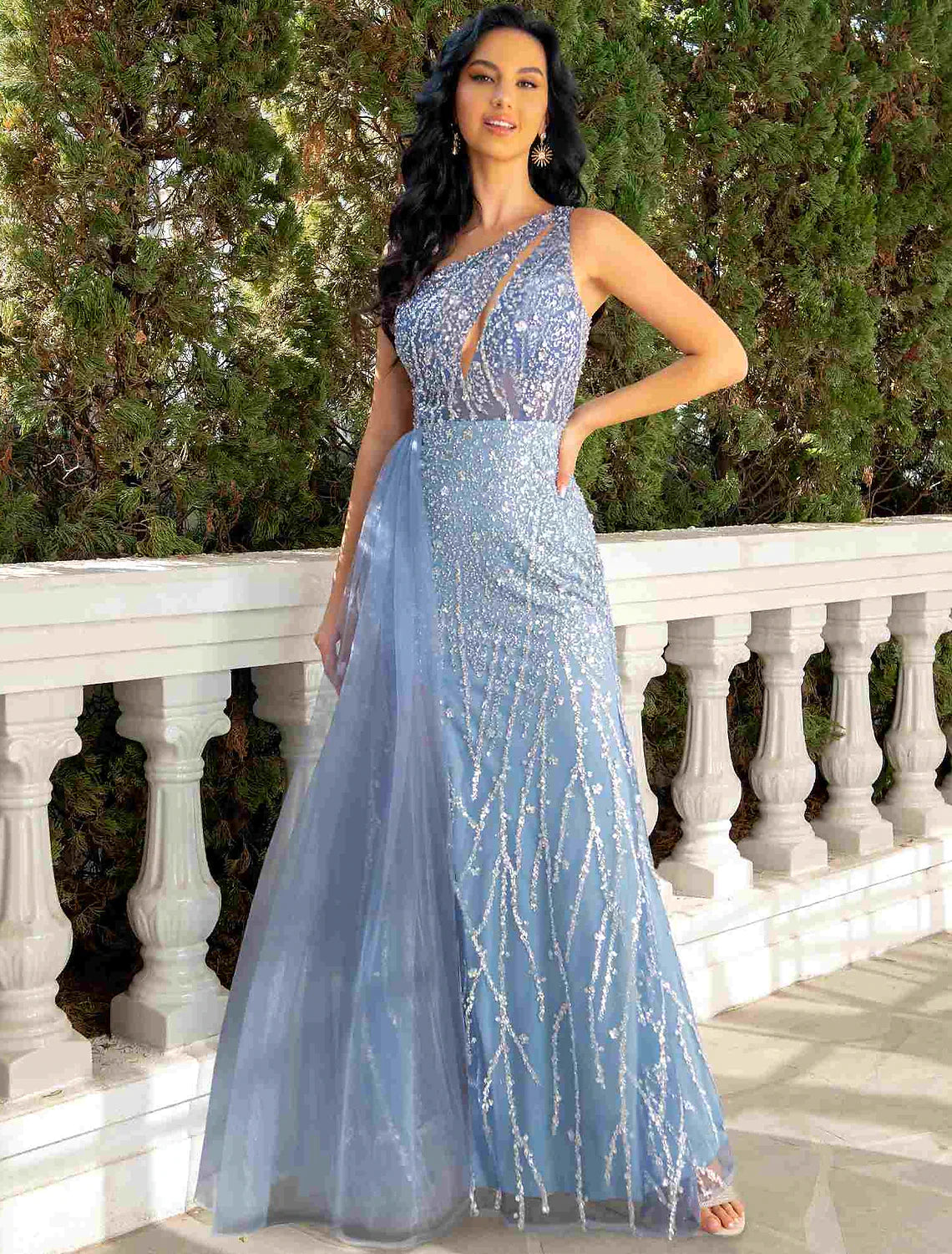 Mermaid / Trumpet Evening Gown Cut Out Dress Wedding Party Floor Length Sleeveless One Shoulder Tulle with Sequin
