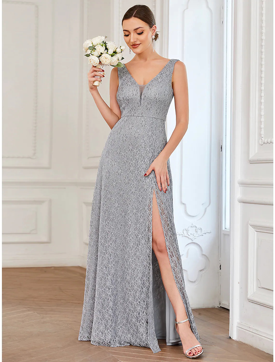A-Line Evening Gown Elegant Dress Formal Floor Length Sleeveless V Neck Lace V Back with Slit