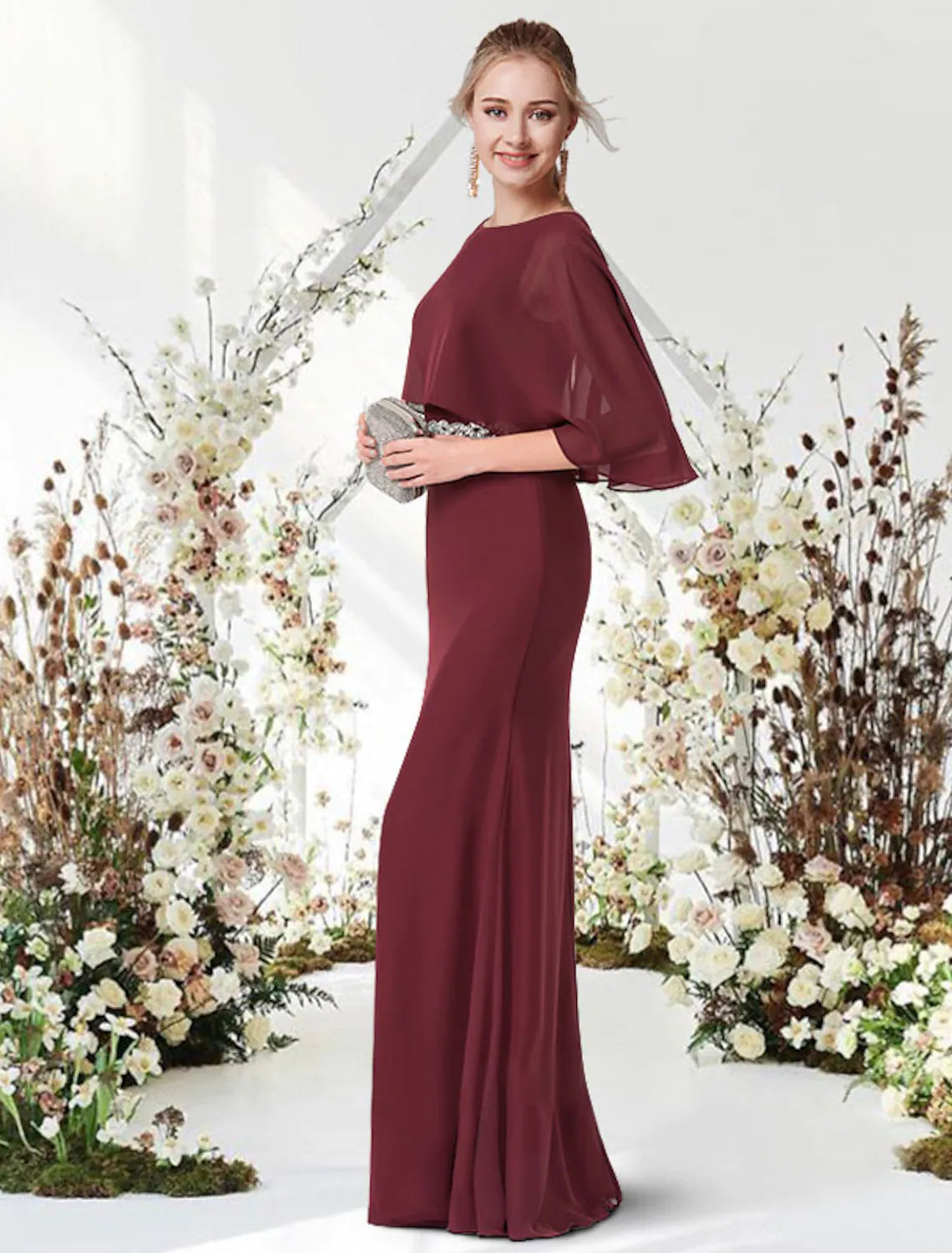 Elegant Engagement Formal Evening Dress Jewel Neck Half Sleeve Floor Length Chiffon with Sash Ribbon