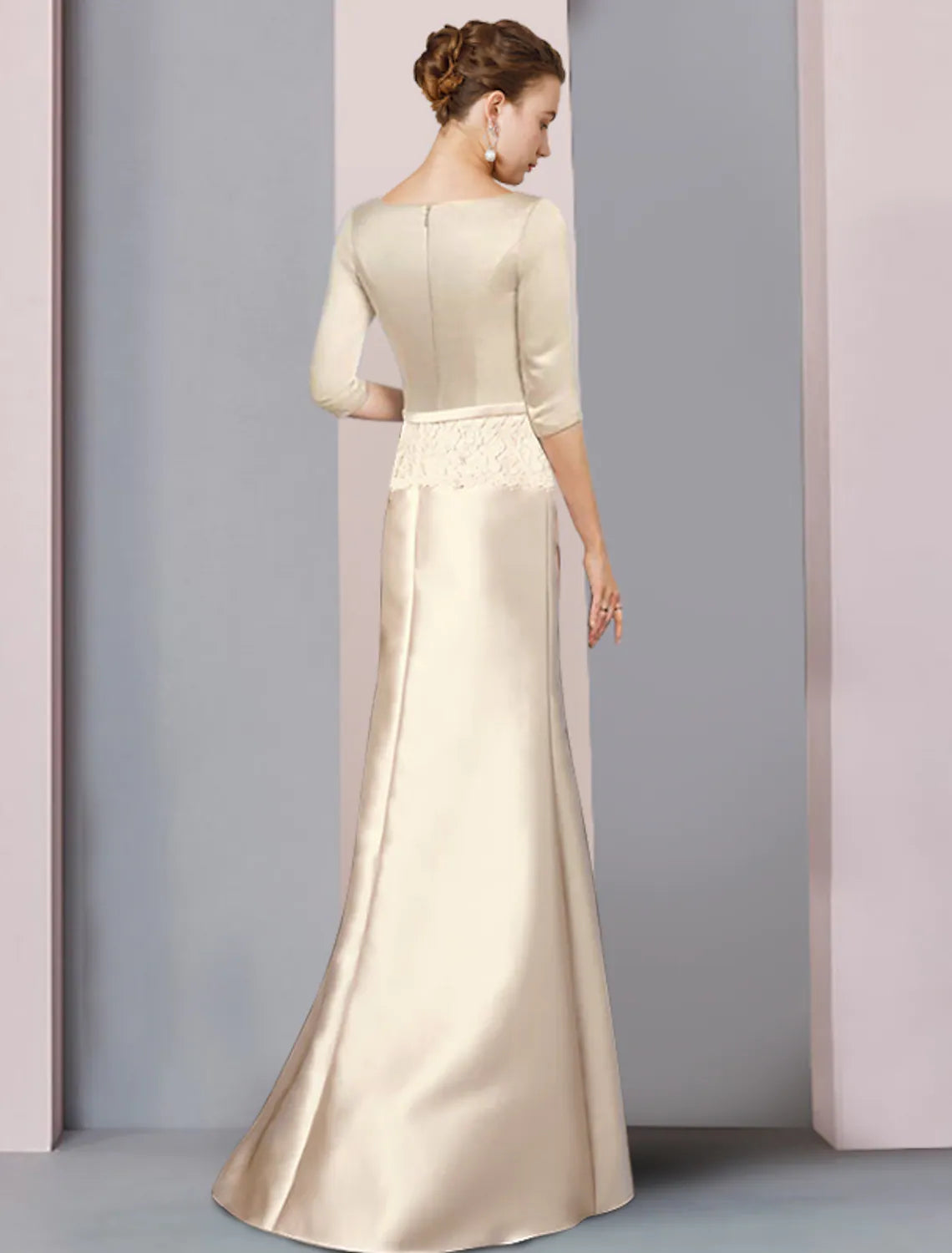 Mother of the Bride Dress Wedding Vintage Elegant V Neck Floor Length Satin Lace Length Sleeve with Ribbon Bow(s)
