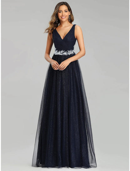 A-Line Prom Dresses Dress Wedding Guest Floor Length Sleeveless V Neck Tulle with Sequin Appliques