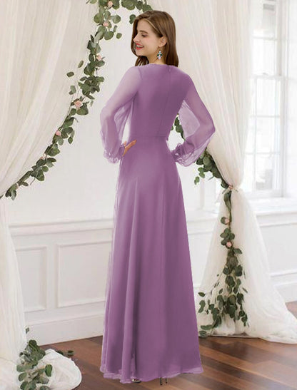 A-Line Prom Dresses Empire Dress Wedding Guest Ankle Length Long Sleeve V Neck Chiffon with Pleats