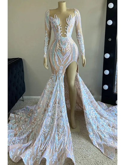Evening Gown Floral Dress Formal Chapel Train Long Sleeve V Neck Sequined Backless with Sequin Slit