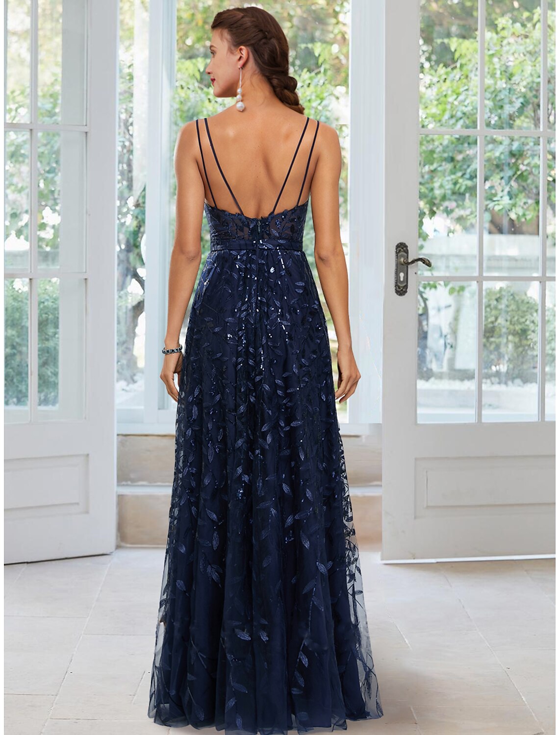 A-Line Evening Gown Floral Dress Formal Floor Length Sleeveless Spaghetti Strap Satin with Slit Appliques