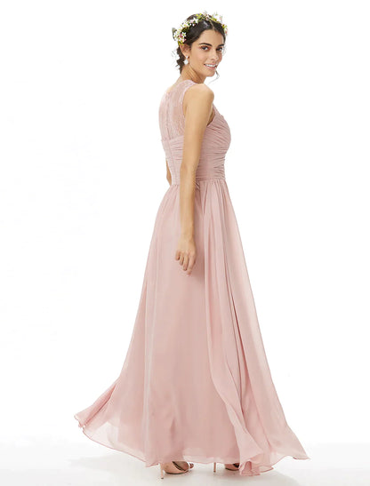 A-Line Bridesmaid Dress Jewel Neck Sleeveless See Through Floor Length Chiffon / Lace with Lace / Criss Cross / Pleats