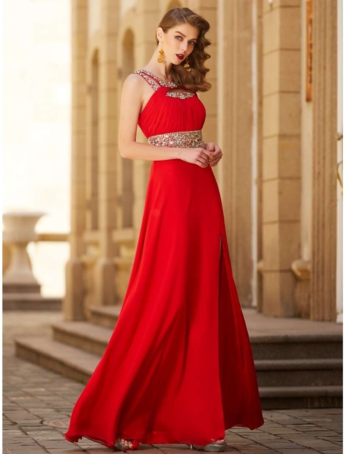 A-Line Evening Gown Sparkle & Shine Dress Party Wear Floor Length Sleeveless Halter Chiffon with Rhinestone Slit