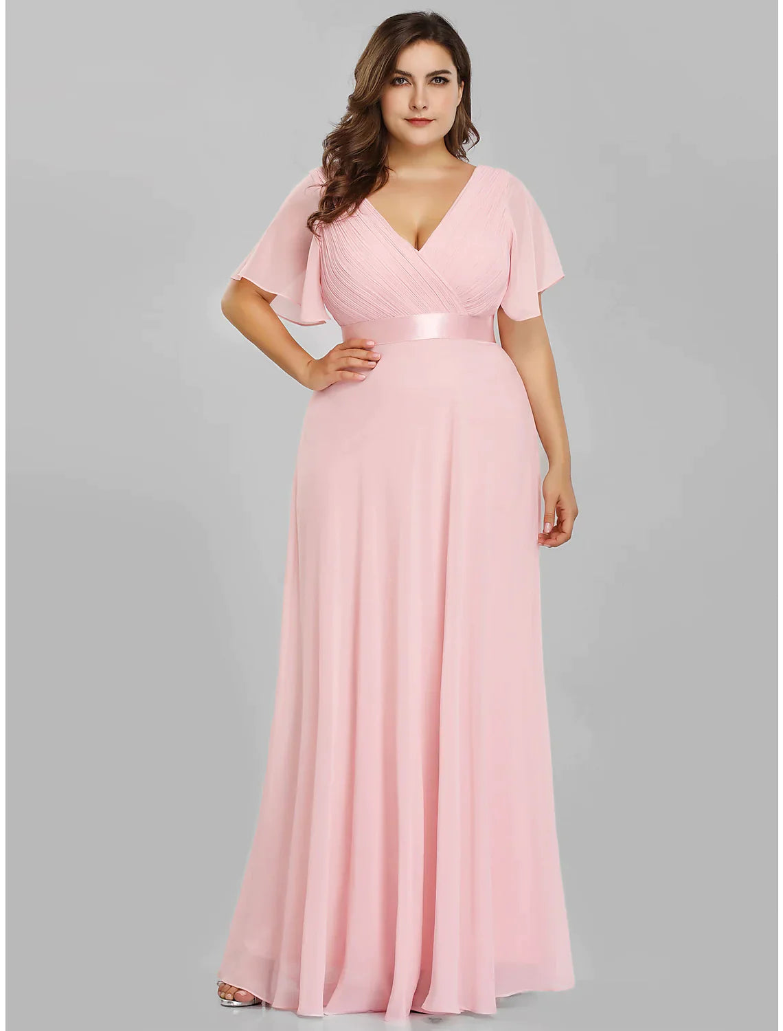 A-Line Plus Size Prom Formal Evening Dress V Neck V Back Short Sleeve Floor Length Chiffon with Pleats Ruched