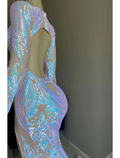 Evening Gown Floral Dress Formal Chapel Train Long Sleeve V Neck Sequined Backless with Sequin Slit