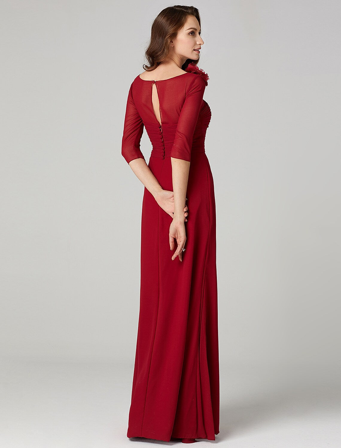 Dress Floor Length Length Sleeve Neck Charmeuse with Ruched Flower