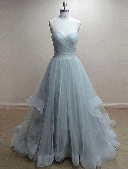 A-Line Minimalist Cute Engagement Prom Dress Sweetheart Neckline Sleeveless Court Train Tulle with Pleats Ruffles