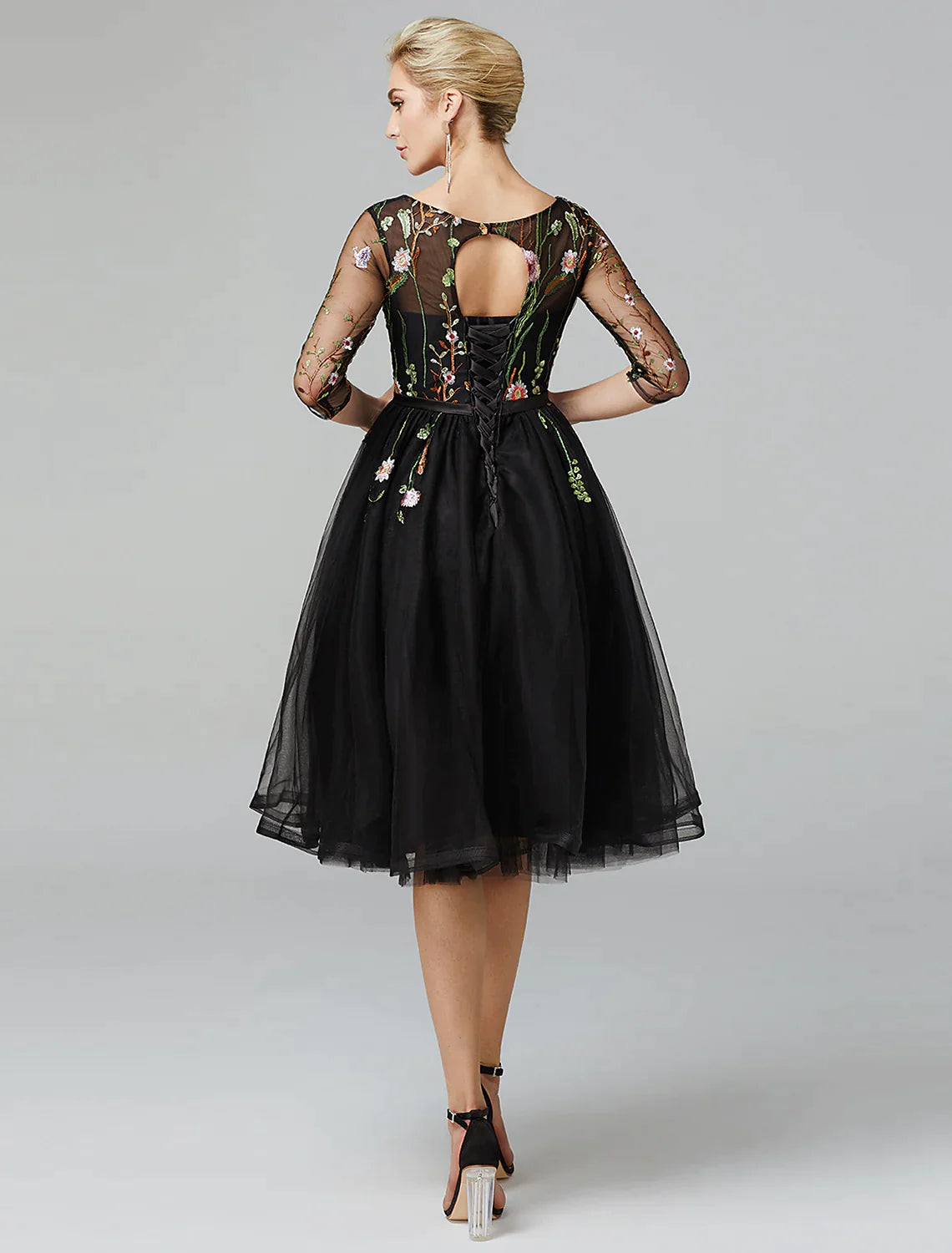 A-Line Little Black Dress Dress Wedding Guest Knee Length Long Sleeve Neck Addams Tulle with Embroidery Appliques