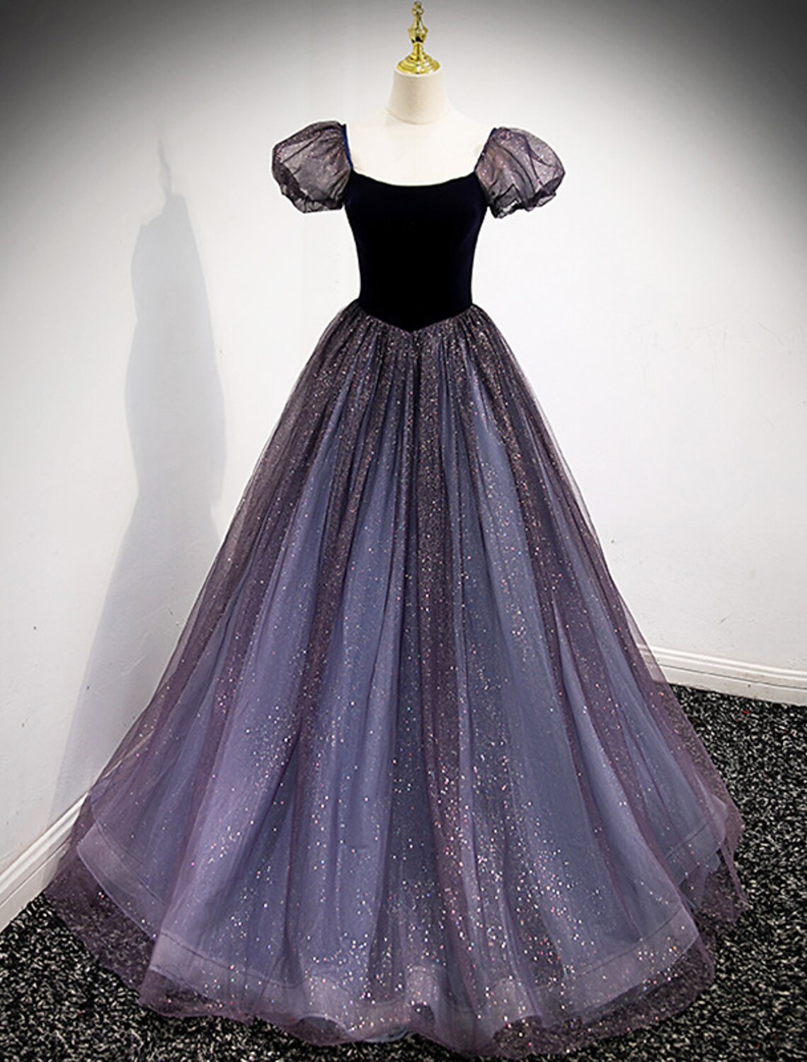 Ball Gown Prom Dresses Cute Dress Engagement Floor Length Short Sleeve Square Neck Tulle with Sequin Splicing