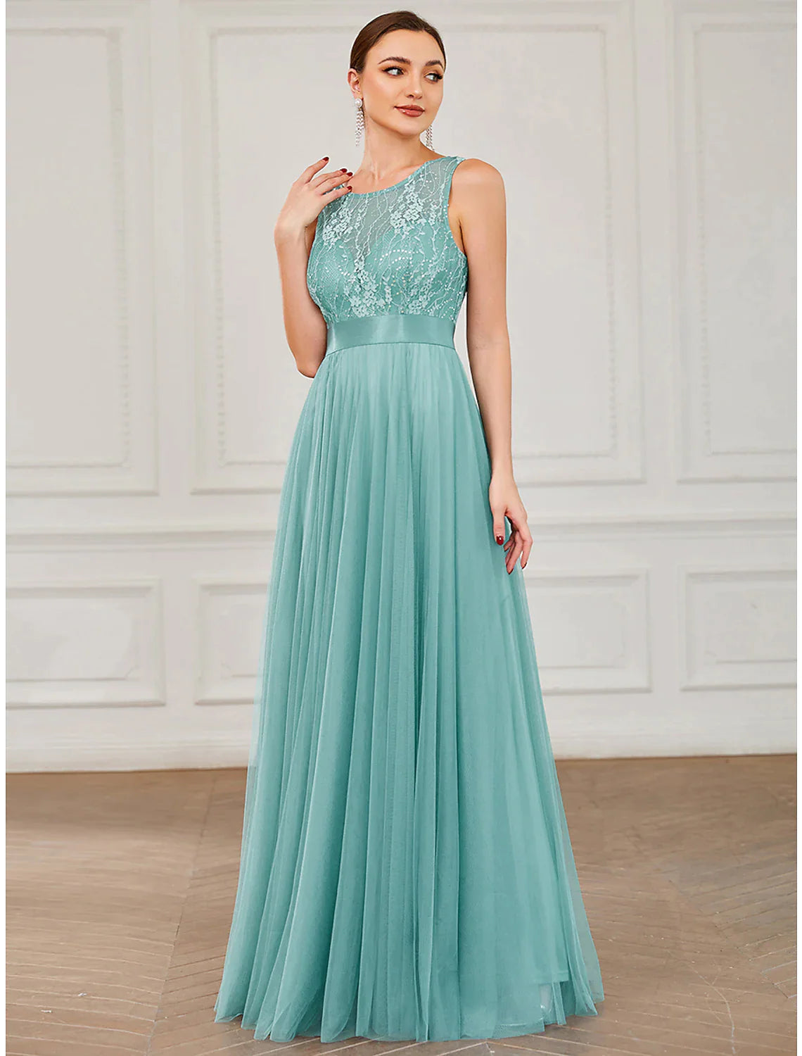 A-Line Prom Dresses Elegant Dress Wedding Guest Floor Length Sleeveless Tulle with Sequin