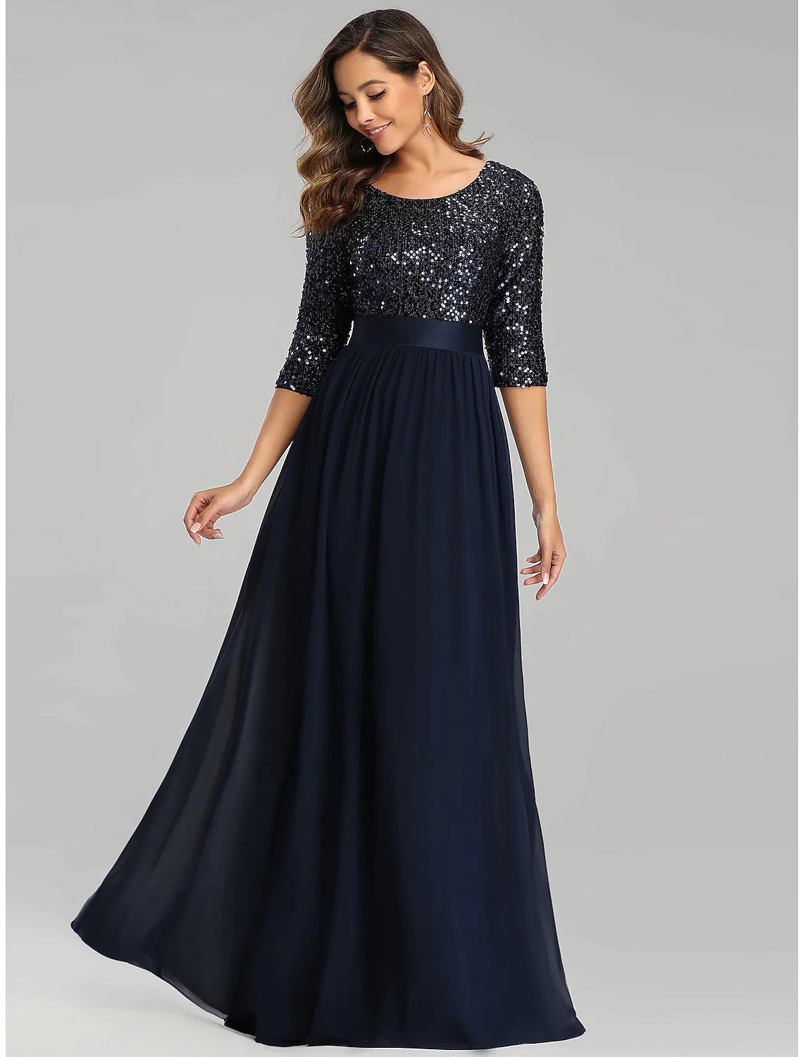 A-Line Elegant Wedding Guest Formal Evening Dress Jewel Neck 3/4 Length Sleeve Floor Length Tulle with Sequin