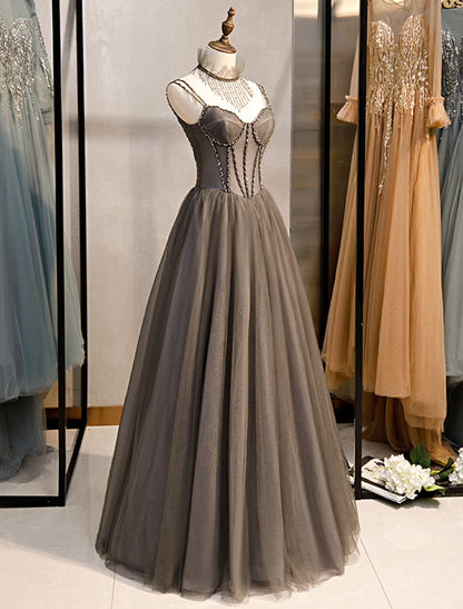 A-Line Prom Dresses Sexy Dress Formal Floor Length Sleeveless Strap Tulle with Pleats Crystals