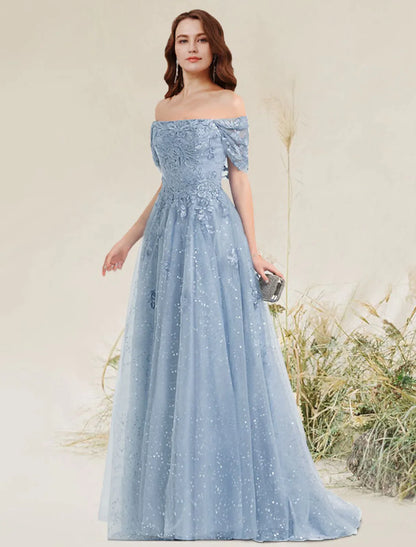 A-Line Prom Dresses Elegant Dress Wedding Guest Sleeveless Off Shoulder Lace with Pleats