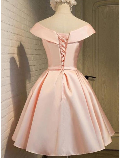 A-Line Homecoming Dresses Elegant Dress Holiday Graduation Short / Mini Sleeveless Off Shoulder Pink Dress Satin with Strappy