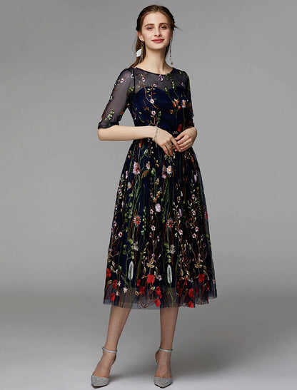 A-Line Party Dress Holiday Tea Length Half Sleeve Illusion Neck Fall Wedding Guest Organza with Embroidery Appliques