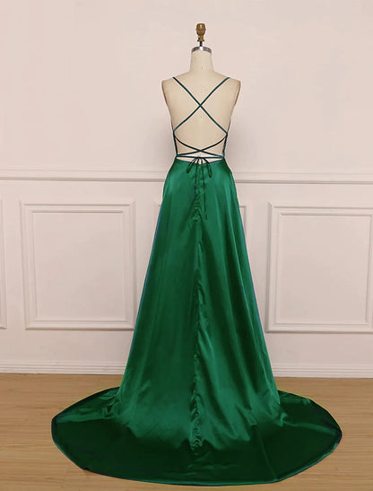 A-Line Prom Dresses Dress Party Wear Sleeveless Strap Satin with Pleats Slit