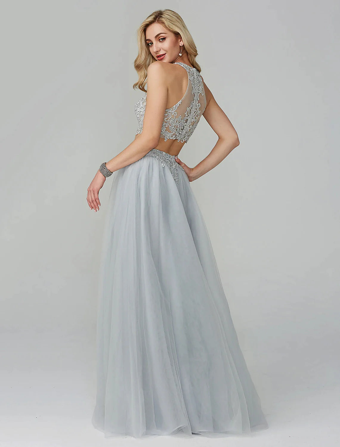 Two Piece Empire Prom Formal Evening Dress Halter Neck Sleeveless Floor Length Lace with Appliques