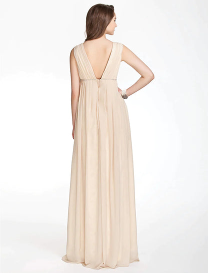 A-Line Bridesmaid Dress V Neck Sleeveless Beautiful Floor Length Chiffon with Pleats Beading