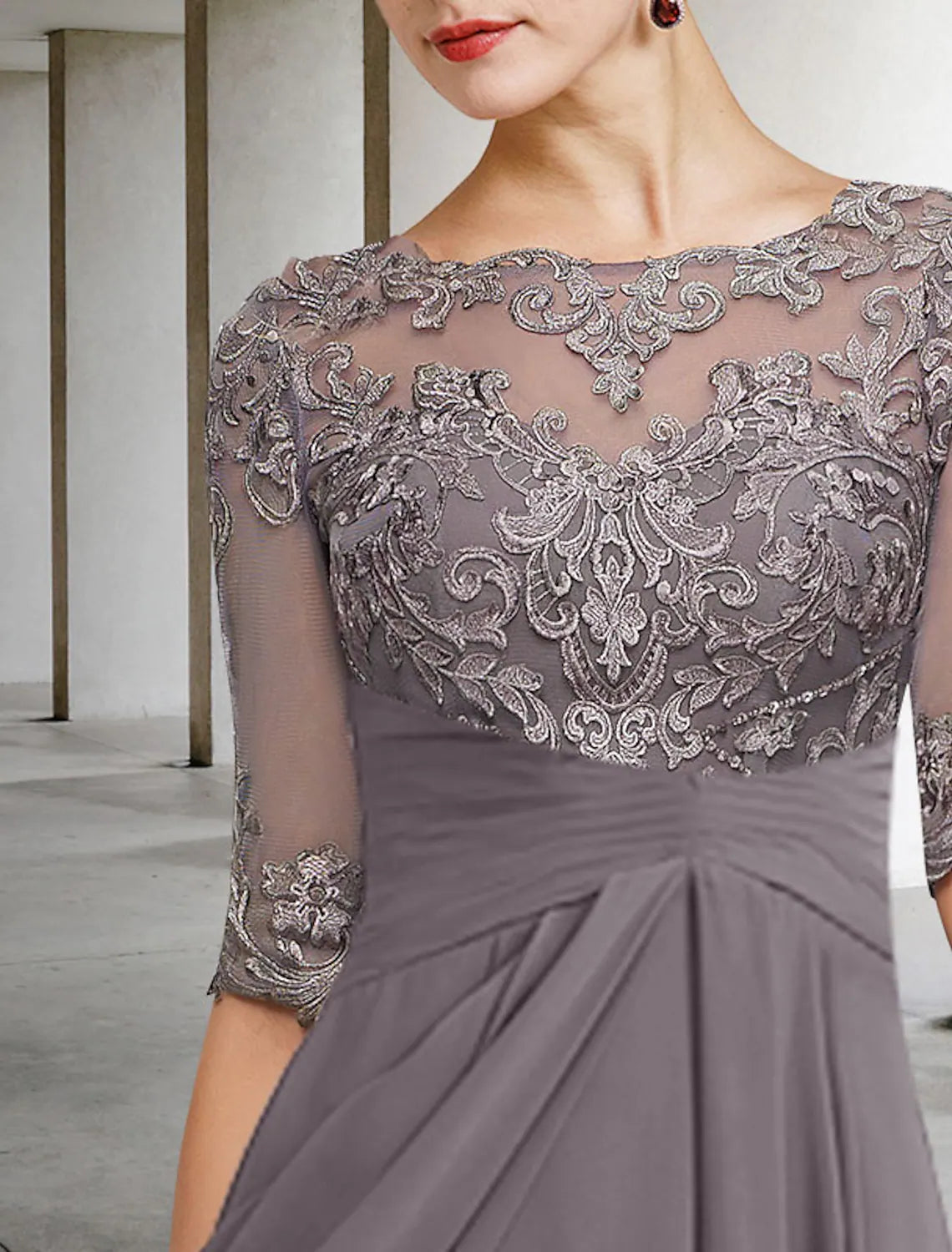 A-Line Mother of the Bride Dress Plus Size Elegant Asymmetrical Ankle Length Chiffon Lace Half Sleeve Beading Appliques