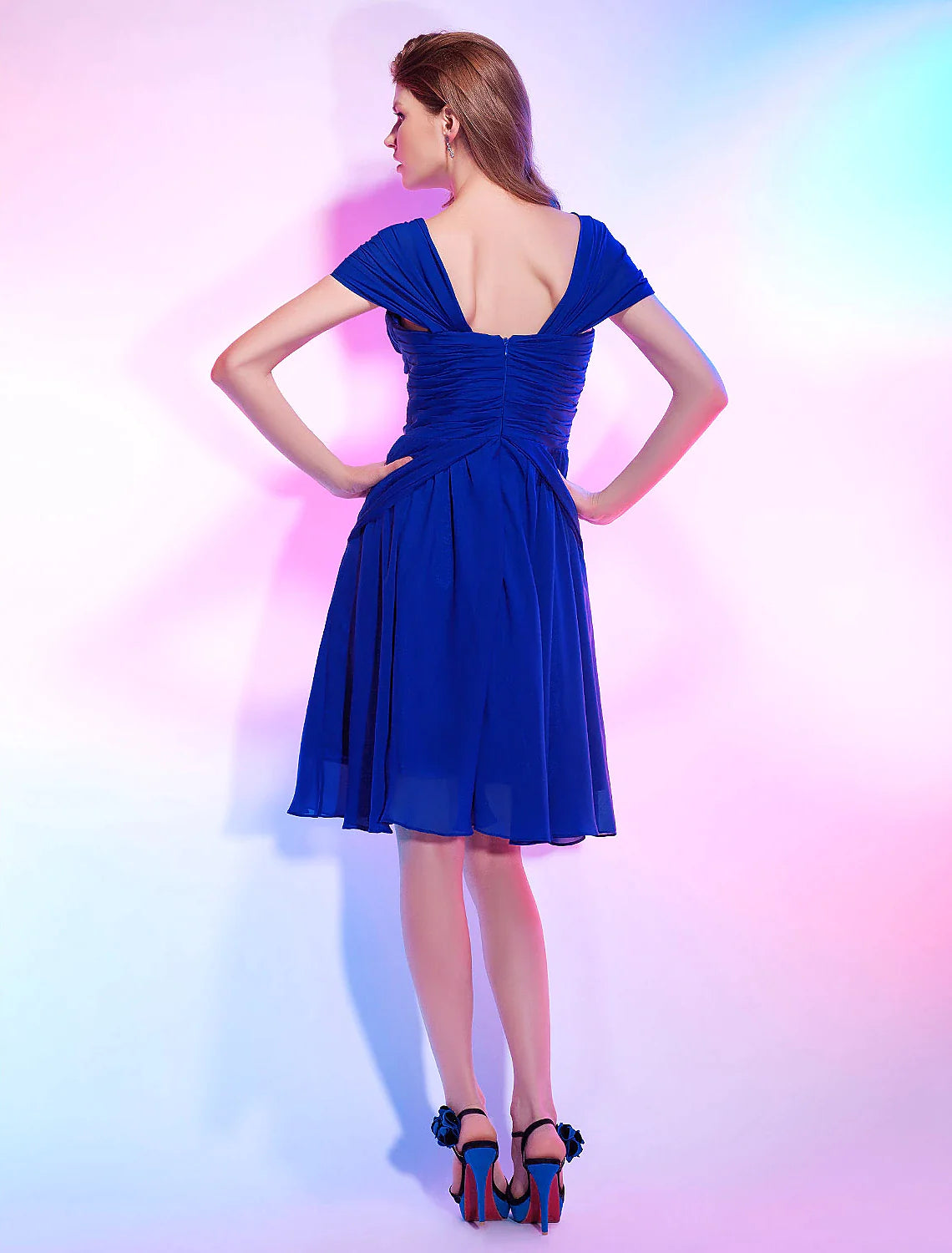A-Line Cute Dress Homecoming Knee Length Short Sleeve Sweetheart Chiffon with Draping
