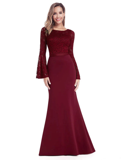 Evening Gown Dress Wedding Guest Floor Length Long Sleeve Chiffon with Appliques