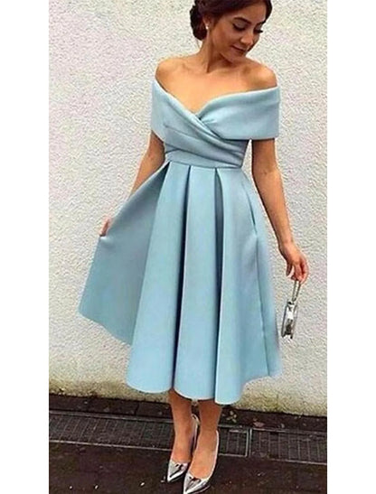 A-Line Cocktail Dresses Vintage Dress Short Sleeve V Neck Stretch Fabric V Back with Pleats