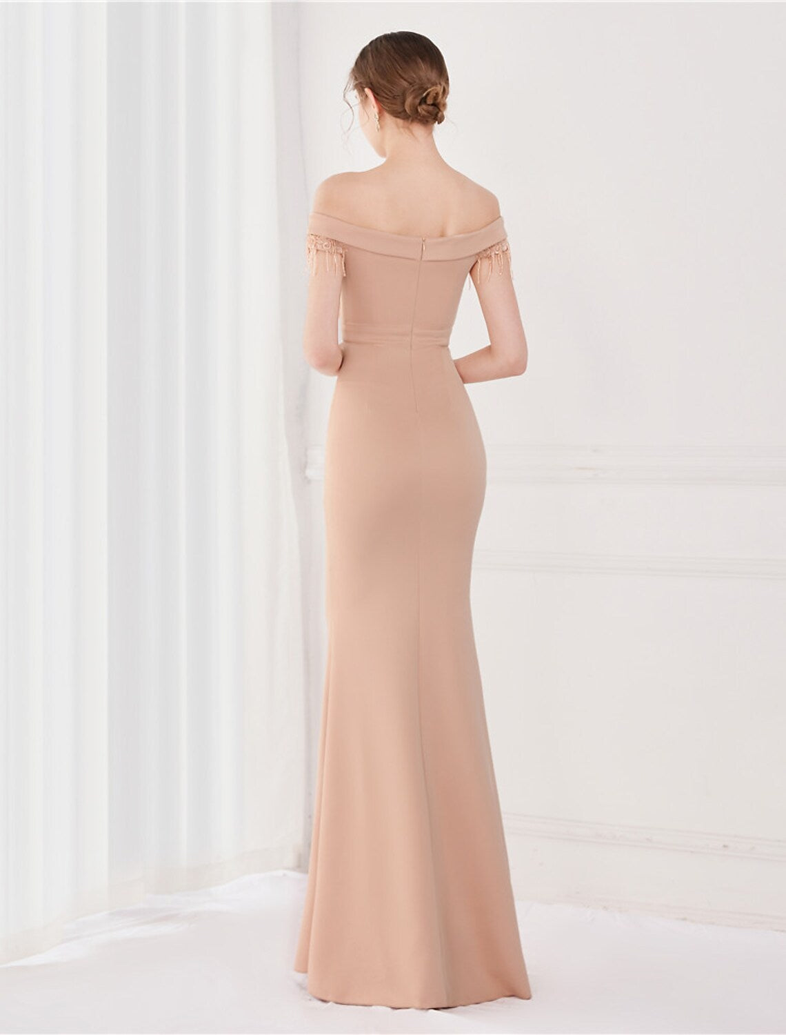 Elegant Sexy Wedding Formal Evening Dress Off Shoulder V Back Short Sleeve Floor Length Satin with Tassel