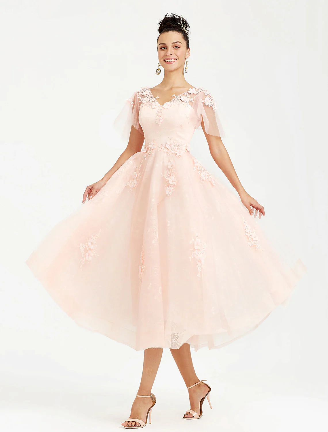 A-Line Prom Dresses Elegant Dress Wedding Guest Tea Length Short Sleeve V Neck Tulle with Appliques