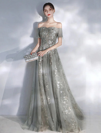 A-Line Evening Gown Glittering Dress Engagement Floor Length Short Sleeve Off Shoulder Sequin Appliques