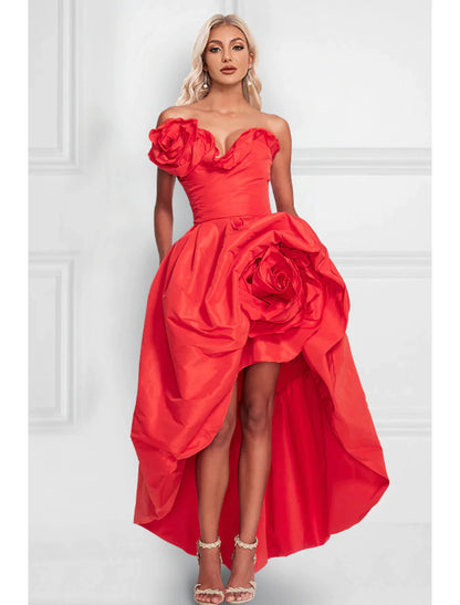 A-Line Cocktail Dresses Celebrity Style Dress Party Wear Asymmetrical Sleeveless Strapless Satin with Shouder Flower